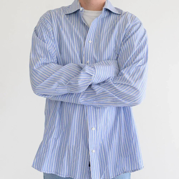 Vintage Burberry London Blue Stripe Button Down made in USA Dress Shirt - Picture 3 of 14